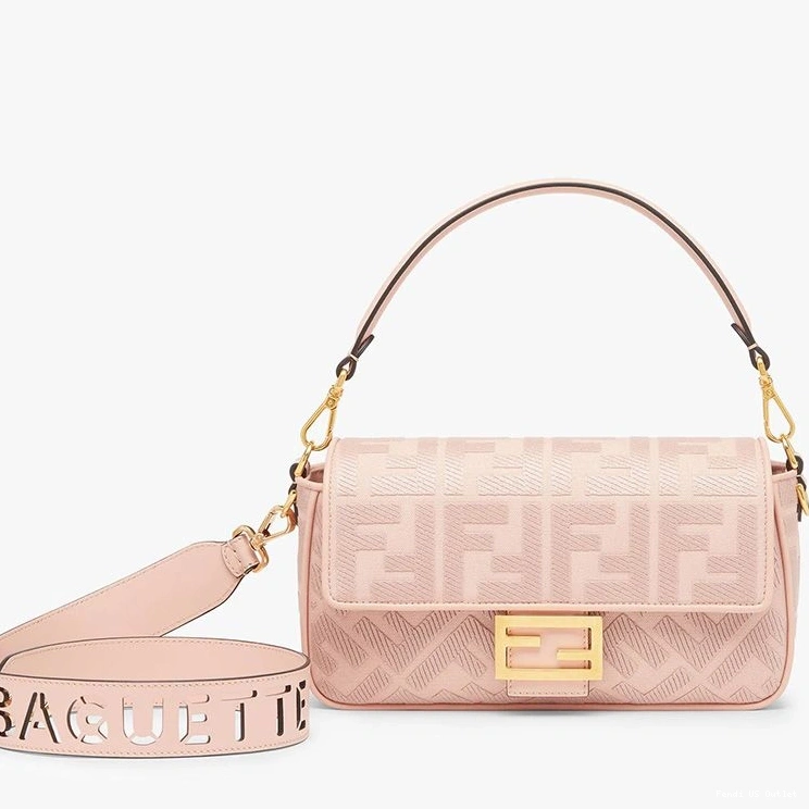 HOT with Fendi Baguette Laser Pink FF Cut Motif Strap In Medium Canvas Bag 0729